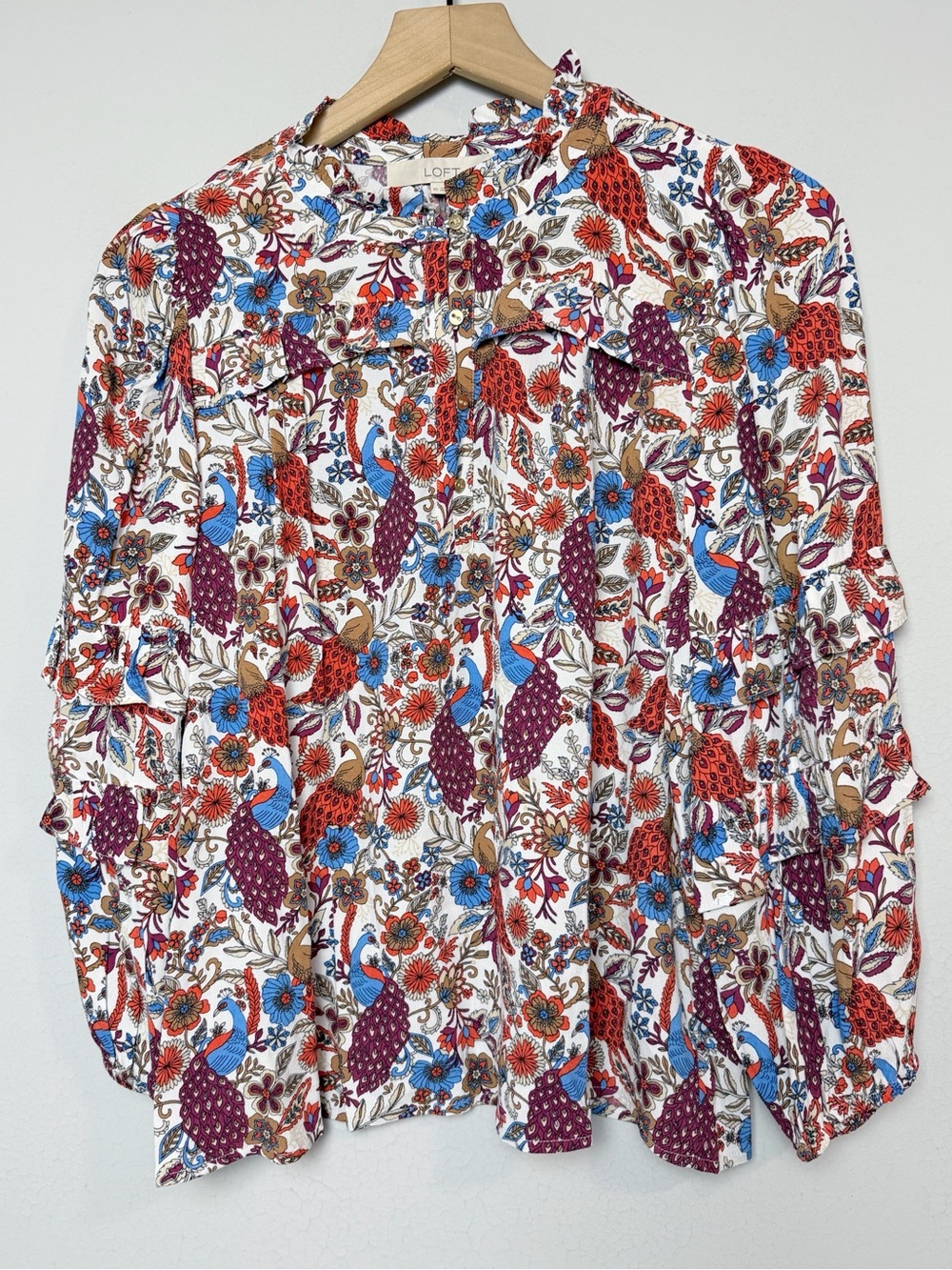 Loft Peacock Print Ruffle Button Blouse - Picture 6 of 13